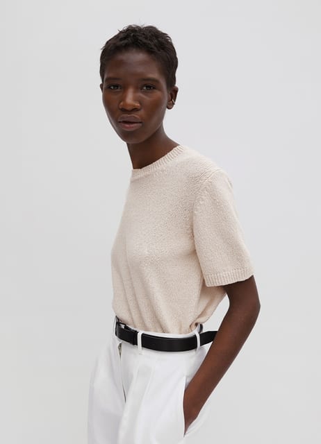 Half-Sleeve Boucle Knit Top - Natural