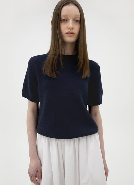 Half-Sleeve Boucle Knit Top - Navy