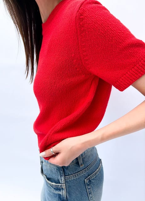 Half-Sleeve Boucle Knit Top - Tomato