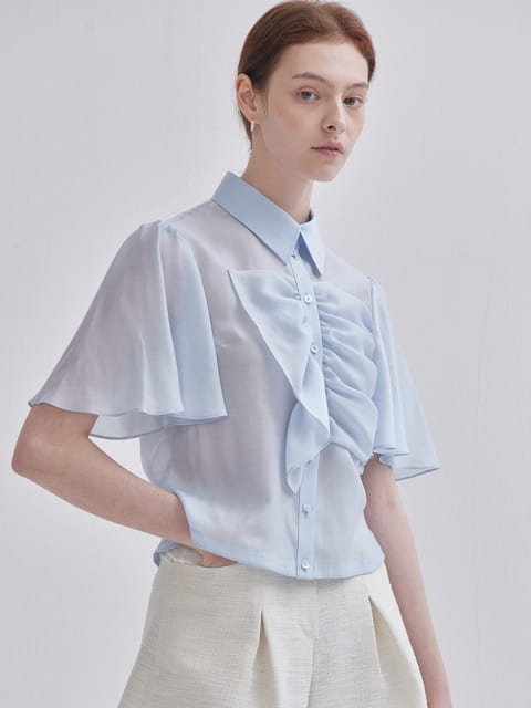 프릴 디테일 시스루 블라우스 스카이 블루