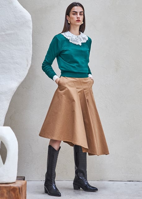 DIAGONAL PLEATED SKIRT_CAMEL