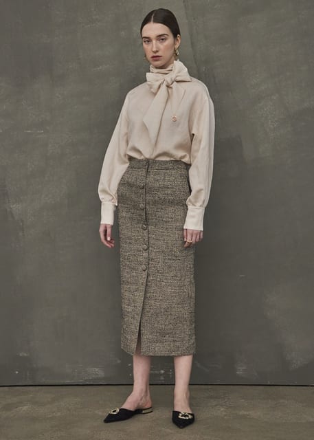 TWEED BUTTON SKIRT_BROWN BLACK