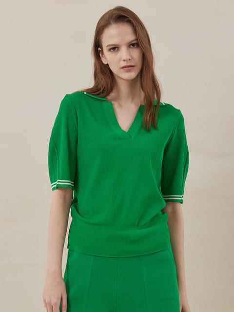 Open Collar Knit Top - Green