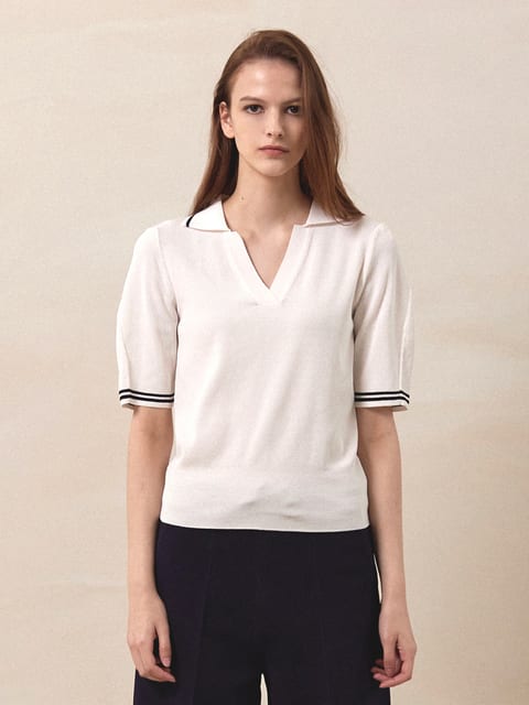Open Collar Knit Top - Ivory