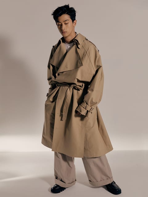 Beige Cotton Distressed Double Breasted Trench Coat