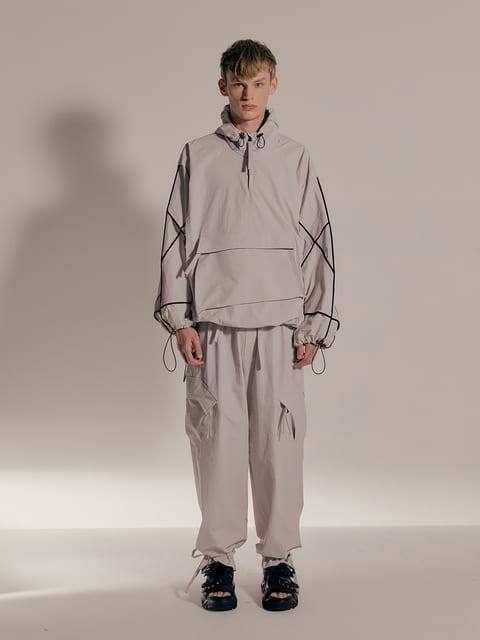Beige Light Fabric Black Seam Binding Sleeve Oversize Anorak