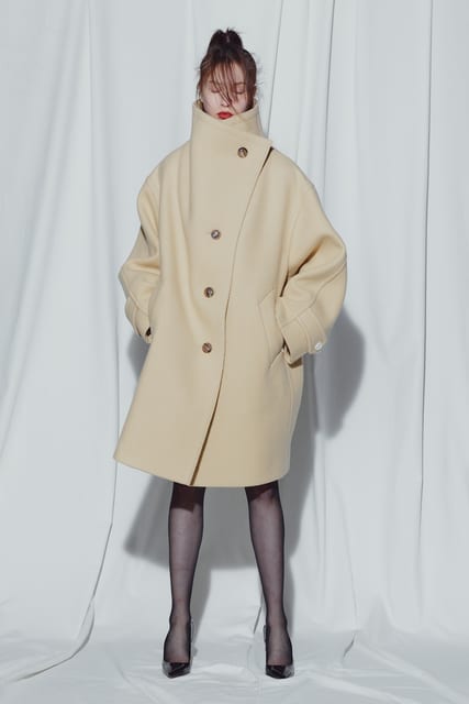 BEIGE OVERSIZE FUNNEL NECK BOUCLÉ COAT