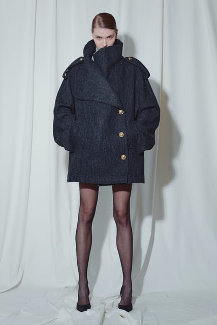 BLACK HARRIS TWEED FUNNEL NECK PEA COAT
