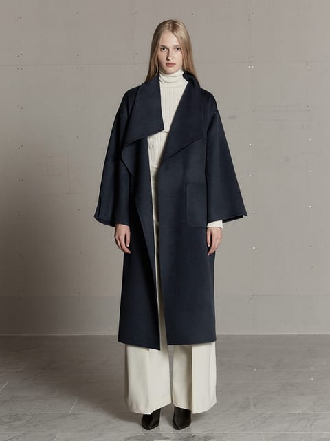 [2nd] LUNDI Merino Wool Unbalance Shawl Collar Handmade Coat_Indigo Navy