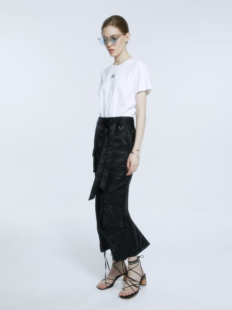[5th] LILY Side String Belted Satin Cargo Long Skirt_Black