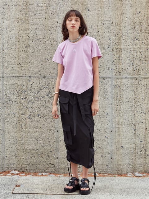 [6th] LILY Side String Belted Satin Cargo Long Skirt_Black