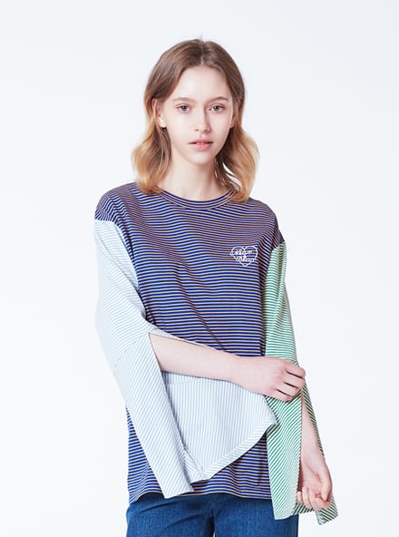 STRIPE COMBINATION SLIT SLEEVE TSHIRT