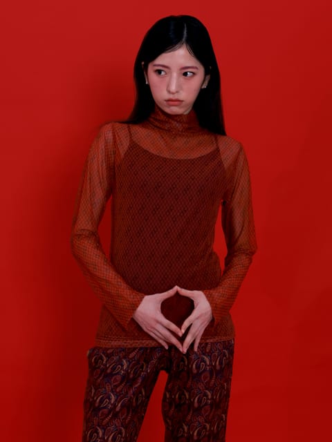 메쉬 터틀넥 탑 코랄 Mesh Turtleneck Top Coral