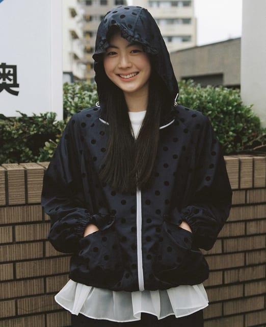dot frill hooded windbreaker jumper (navy)