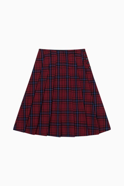 PLEATS BUTTON SKIRT, RED CHECK