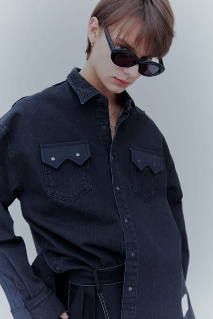 HALF & HALF DAMAGED DENIM BLACK SHIRTS