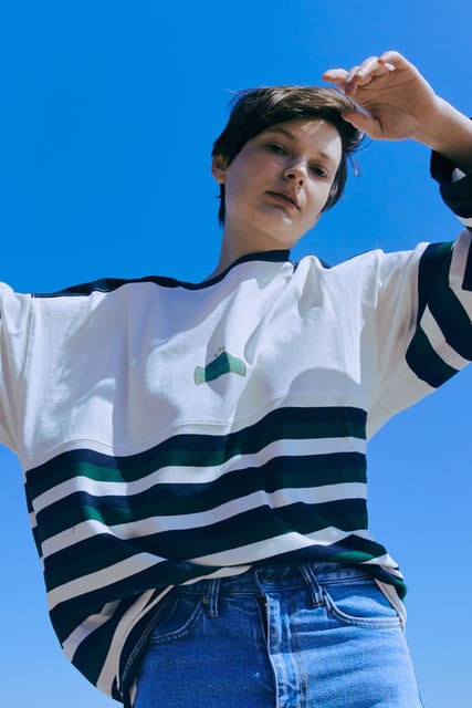SHOULDER PONT GREEN LONG SLEEVE STRIPED T-SHIRT