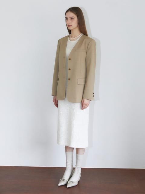 Oversized V-Neck Wool Blazer [TAN BEIGE]