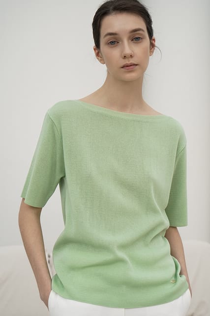 2COLOR BOAT NECK SHORT SLEEVED KNIT TOP LG