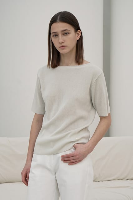 2COLOR BOAT NECK SHORT SLEEVED KNIT TOP SV