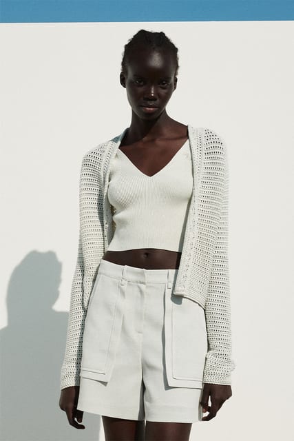 CROCHET COTTON CROPPED CARDIGAN SILVER