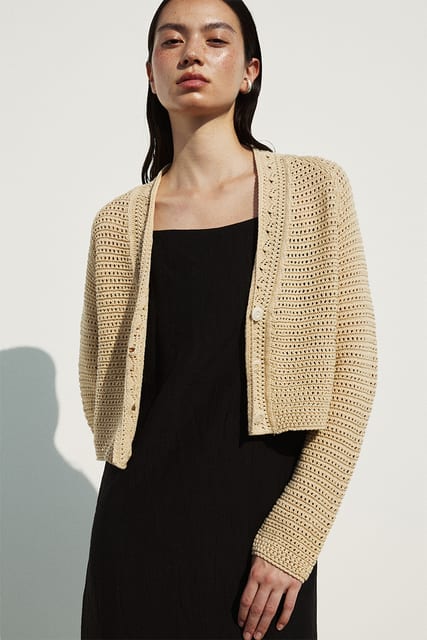 CROCHET COTTON CROPPED CARDIGAN WOOD BEIGE