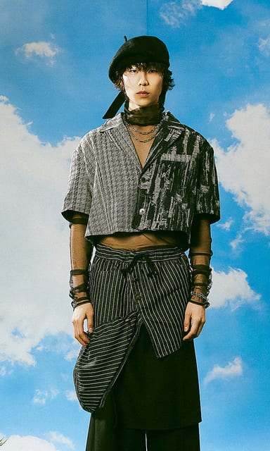 Half &half jacquard denim crop short sleeve jacke Black- custom-made