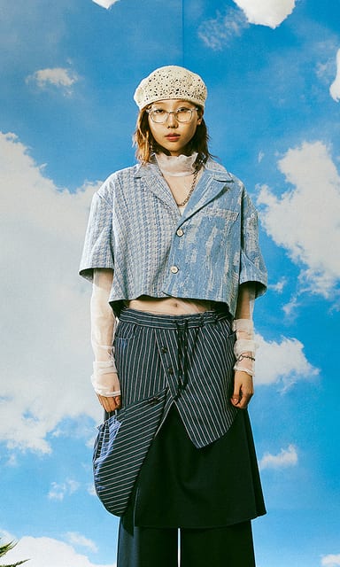 Half &half jacquard denim crop short sleeve jacke Sky blue- custom-made