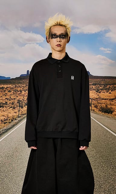 Pique collar oversized fit sweatshirts Black