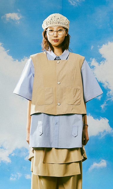 Striped color combination ruffle vest Beige- custom-made