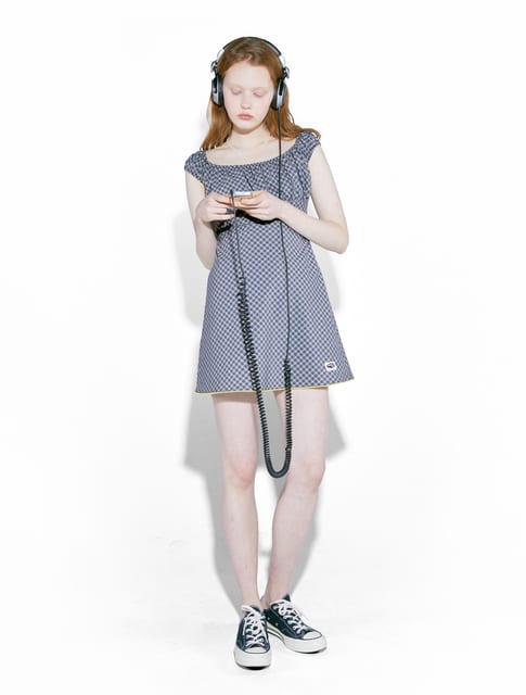 Check Lace Off-Shoulder Dress [BLUE]