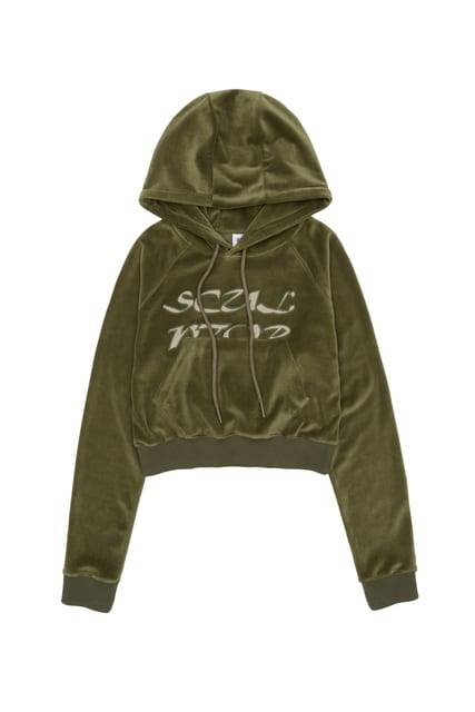 Velour Applique Crop Hoodie Sage