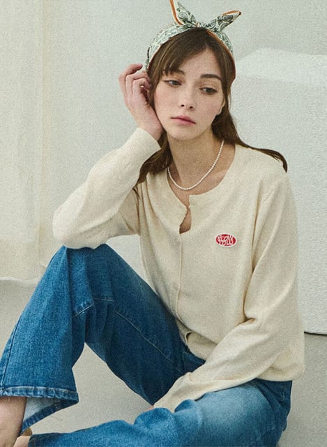 Basic round knit cardigan - Light Beige