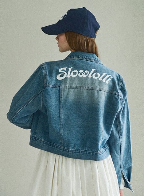 Washing denim lettering jacket - Mid blue