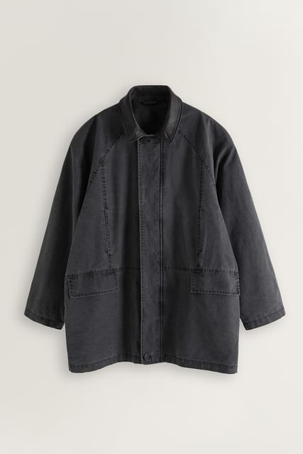 Archive Washed Cotton Car Coat - Leather Collar (Dark Shadow)