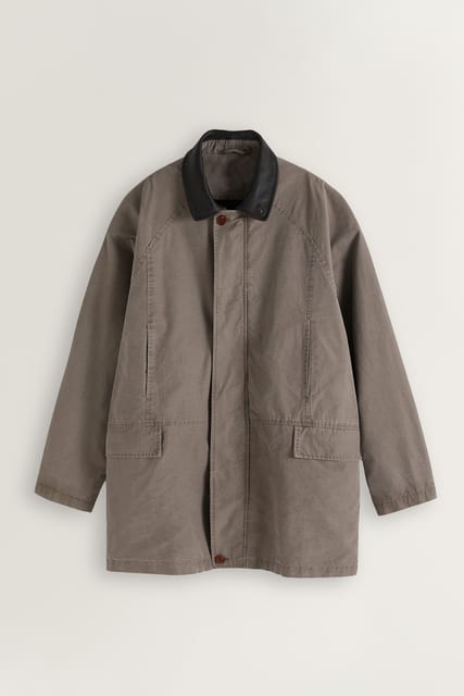 Archive Washed Cotton Car Coat - Leather Collar (Moonbeam)