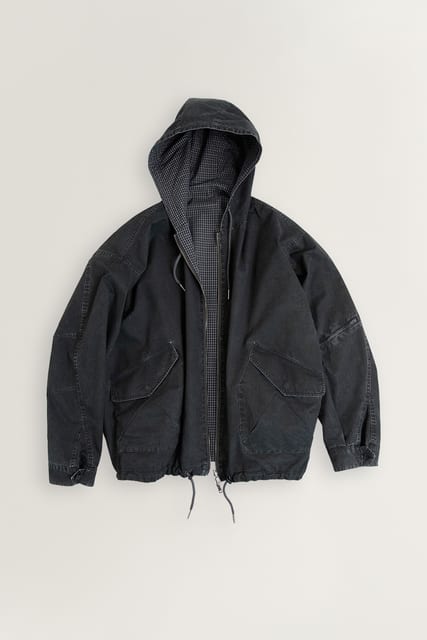 Layer Reversible Hooded Jacket - Check & Washed Cotton (Deep Lichen Green)