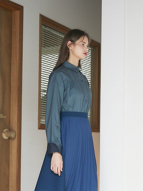 SHIRRING BUTTON SHIRT DEEP GREEN
