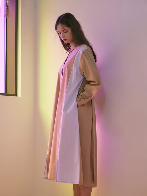 STRIPE POINT SHIRT DRESS BEIGE