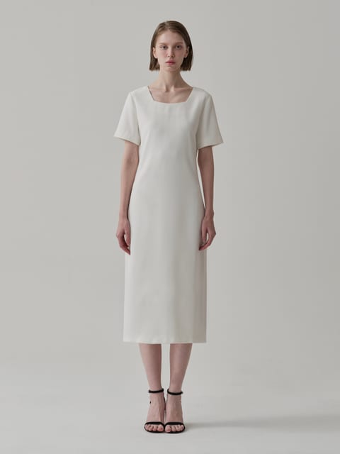Square neck long dress (White)