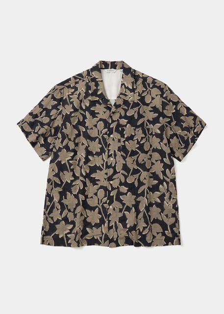 leaf open collar s/s shirt black brown