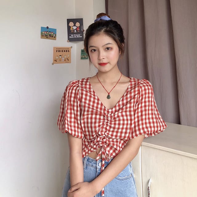 베이직 체크 셔링 블라우스