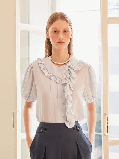 [LINE] Unbalanced Shirring Frill Blouse (Sky Blue)