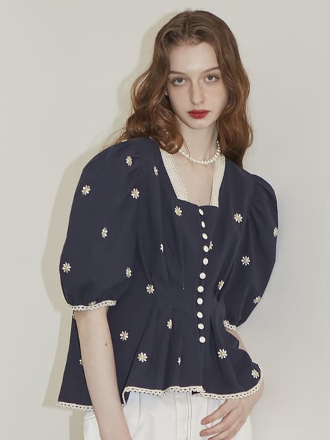 Round Sleeve Embroidered Square Blouse