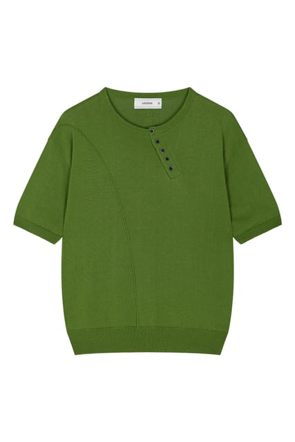 Diagonal Flow Henley Neck Half Knit - Green