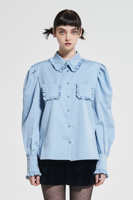 Pearl Button Up Cotton Blouse Blue WBAFTP004BL