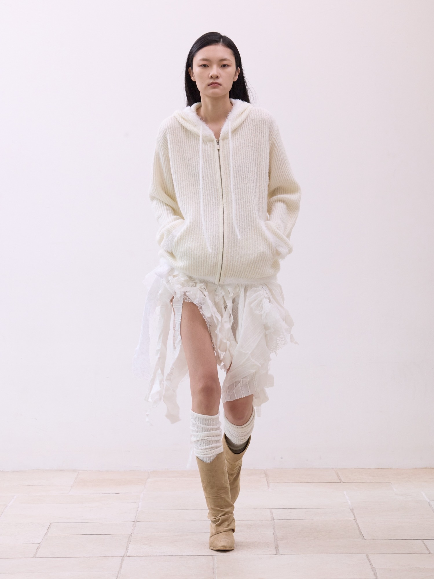 FUR KNIT ZIP UP (white)